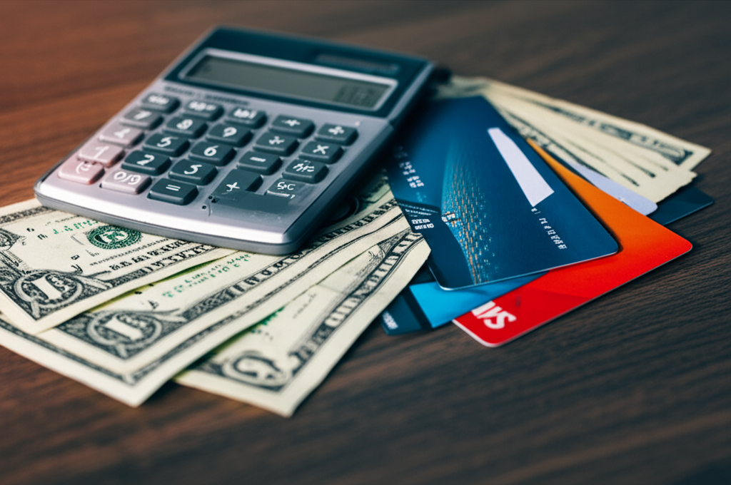 Calculator, money and cards representing business funding